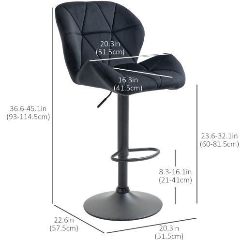 HOMCOM Adjustable Bar Stools Set of 2, Tufted Swivel Barstool with Back, Wide Seat and Footrest, Velvet Upholstered Bar Chairs for Kitchen, Dining