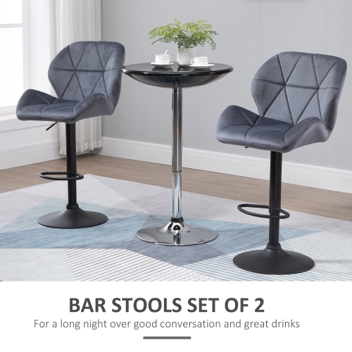 HOMCOM Adjustable Bar Stools Set of 2, Tufted Swivel Barstool with Back, Wide Seat and Footrest, Velvet Upholstered Bar Chairs for Kitchen, Dining