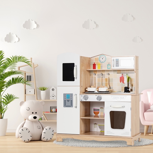 Costway Wooden Kids Pretend Kitchen Playset Cooking Play Toy w/ Utensils & Sound