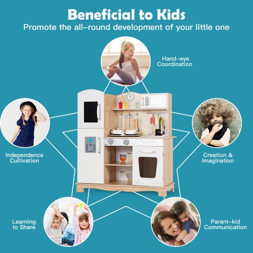 Costway Wooden Kids Pretend Kitchen Playset Cooking Play Toy w/ Utensils & Sound