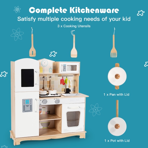 Costway Wooden Kids Pretend Kitchen Playset Cooking Play Toy w/ Utensils & Sound