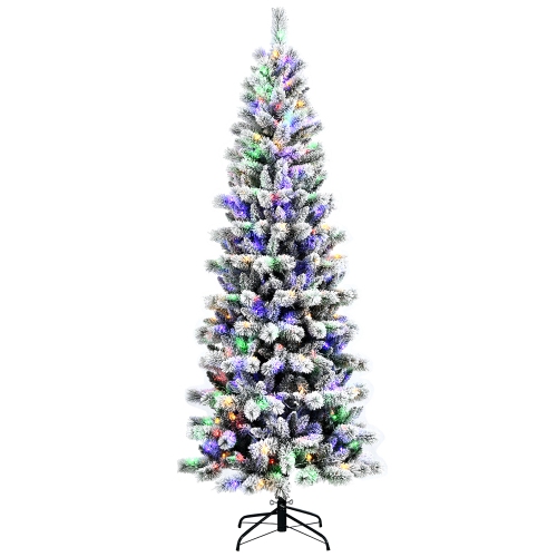 COSTWAY  7.5Ft Pre-Lit Hinged Christmas Tree Snow Flocked W/9 Modes Remote Control Lights