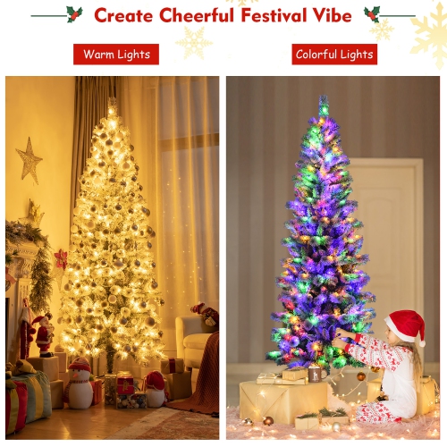 Costway 7.5FT Pre-Lit Hinged Christmas Tree Snow Flocked w/9 Modes Remote Control Lights