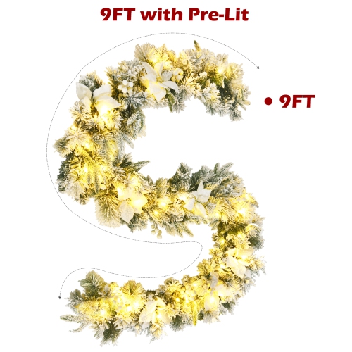 Costway 9ft Pre-lit Snowy Christmas Garland w/ Berries Poinsettia Flowers Timer