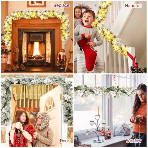 Costway 9ft Pre-lit Snowy Christmas Garland w/ Berries Poinsettia Flowers Timer