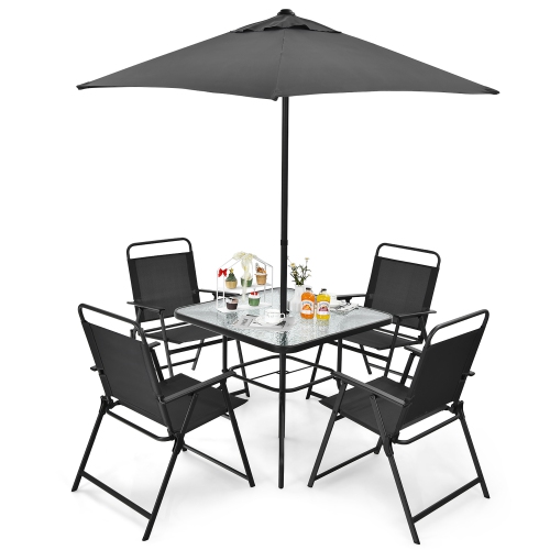 Costway 6PCS Patio Furniture Dining Set Folding Chairs Glass Table W/Umbrella Deck Grey