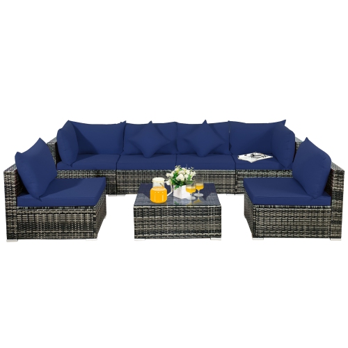 7PCS Patio Rattan Furniture Set Sectional Sofa Garden Cushion