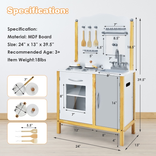 Costway Kids Play Kitchen Set Toddler Pretend Cooking Set w/ Cabinet&Accessories