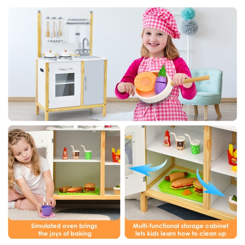 Costway Kids Play Kitchen Set Toddler Pretend Cooking Set w/ Cabinet&Accessories
