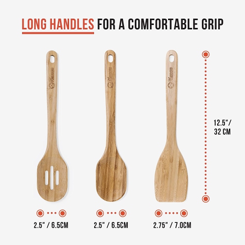 Chef Pomodoro Wooden Cooking Utensils 3-Piece Set, Bamboo | Large 12.5-Inch Spatula, Spoon, Slotted Spoon | Pan Kitchen Frying Set