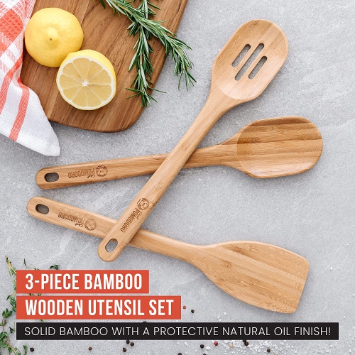 Chef Pomodoro Wooden Cooking Utensils 3-Piece Set, Bamboo | Large 12.5-Inch Spatula, Spoon, Slotted Spoon | Pan Kitchen Frying Set