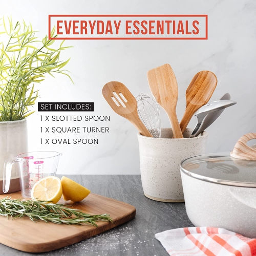 Chef Pomodoro Wooden Cooking Utensils 3-Piece Set, Bamboo | Large 12.5-Inch Spatula, Spoon, Slotted Spoon | Pan Kitchen Frying Set