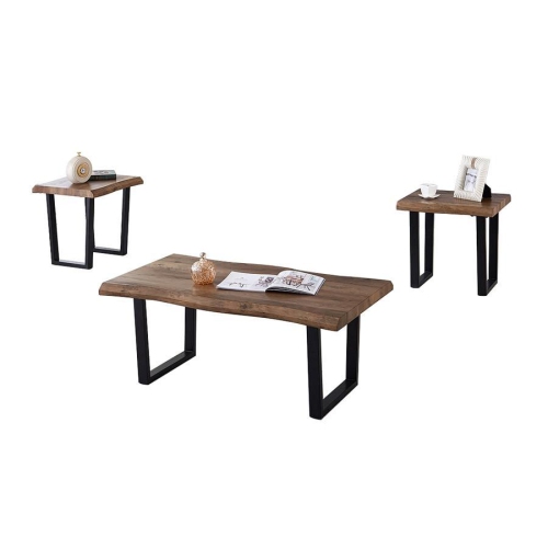 IFDC - Set of 1 Coffee Table and 2 Side Tables, Metal Legs, Brown Wood Pattern