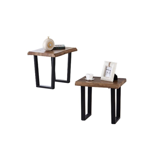 IFDC - Set of 1 Coffee Table and 2 Side Tables, Metal Legs, Brown Wood Pattern