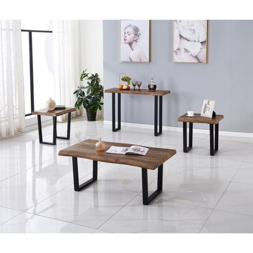IFDC - Set of 1 Coffee Table and 2 Side Tables, Metal Legs, Brown Wood Pattern
