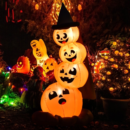 COSTWAY  7 Ft Halloween Inflatable Pumpkin Combo Blow Up Pumpkins W/ Witch's Hat