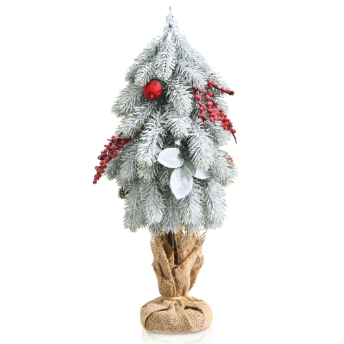 Costway 19"Snow Flocked Tabletop Christmas Pine Tree w/Pine Cones & Red Berries
