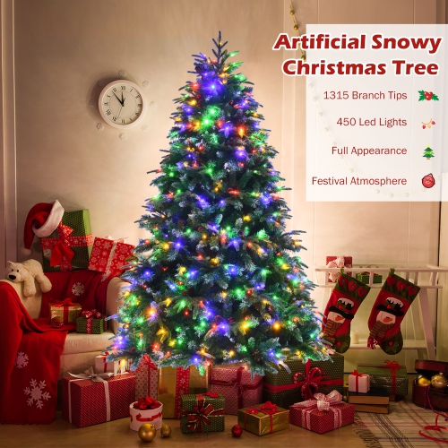 Costway 7ft Pre-Lit Snowy Christmas Hinged Tree 11 Flash Modes w/ 450 Multi-Color Lights