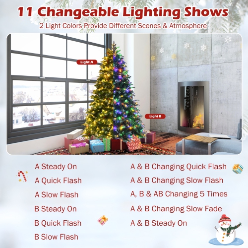 Costway 7ft Pre-Lit Snowy Christmas Hinged Tree 11 Flash Modes w/ 450 Multi-Color Lights