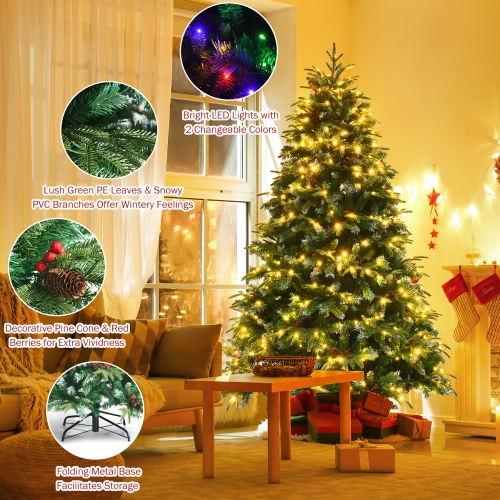 Costway 7ft Pre-Lit Snowy Christmas Hinged Tree 11 Flash Modes w/ 450 Multi-Color Lights