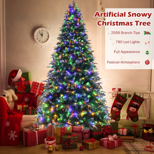 Costway 9ft Pre-Lit Snowy Christmas Hinged Tree 11 Flash Modes w/ 780 Multi-Color Lights