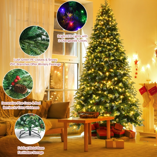 Costway 9ft Pre-Lit Snowy Christmas Hinged Tree 11 Flash Modes w/ 780 Multi-Color Lights