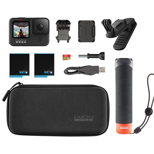 Ensemble caméra sport GoPro HERO9 Black 5K avec poignée flottante, batterie, carte SD et accessoires