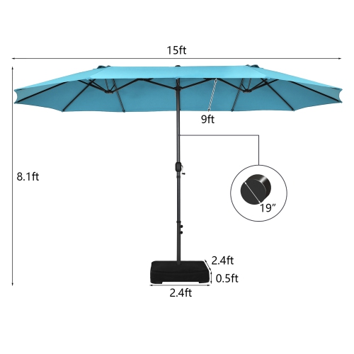 Costway 15FT Double-Sided Twin Patio Umbrella Sun Shade Outdoor Crank Market Base