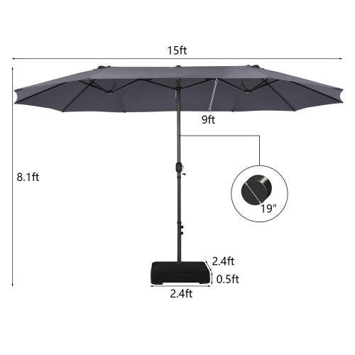 Costway 15FT Double-Sided Twin Patio Umbrella Sun Shade Outdoor Crank Market Base