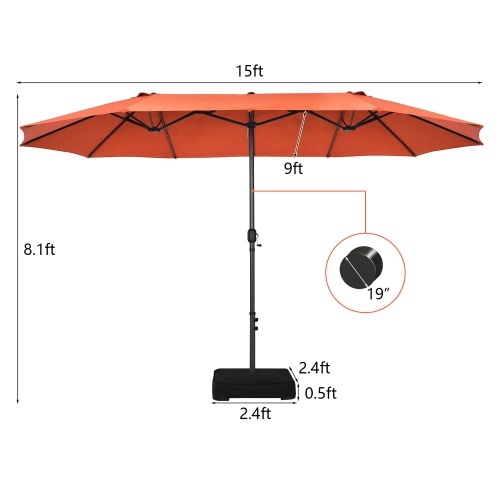 Costway 15FT Double-Sided Twin Patio Umbrella Sun Shade Outdoor Crank Market Base
