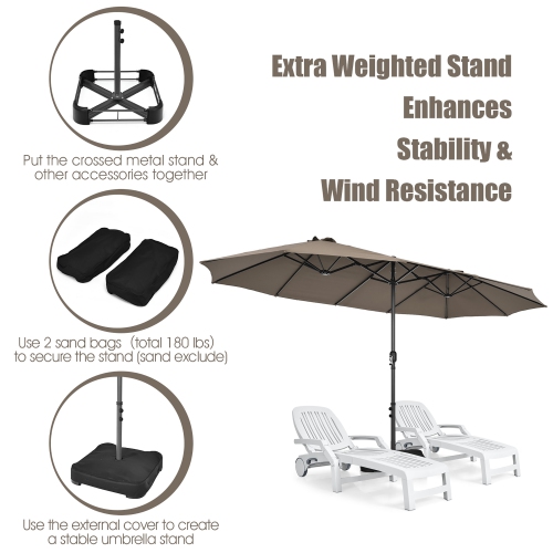 Costway 15FT Double-Sided Twin Patio Umbrella Sun Shade Outdoor Crank Market Base