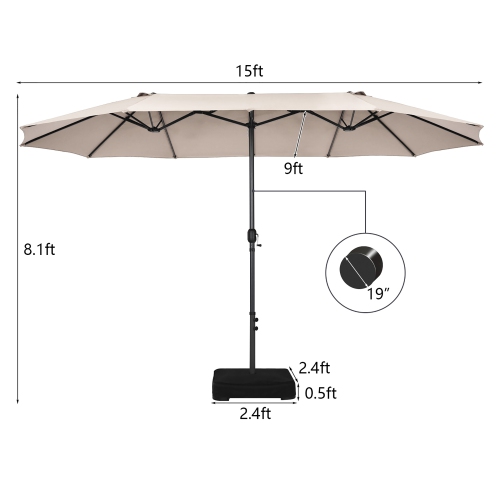 Costway 15FT Double-Sided Twin Patio Umbrella Sun Shade Outdoor Crank Market Base
