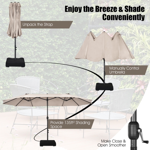 Costway 15FT Double-Sided Twin Patio Umbrella Sun Shade Outdoor Crank Market Base