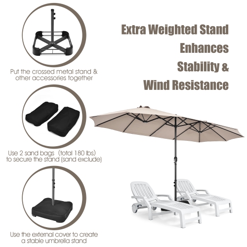 Costway 15FT Double-Sided Twin Patio Umbrella Sun Shade Outdoor Crank Market Base