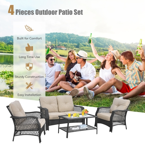 Costway 4PCS Patio Wicker Furniture Set Loveseat Sofa Coffee Table W/ Cushion