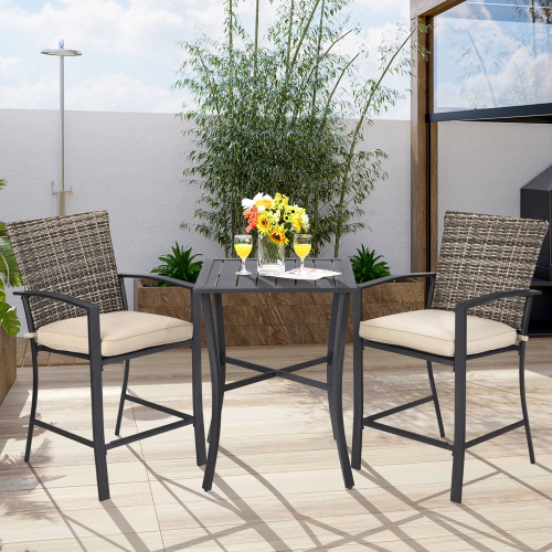 Costway 3PCS Patio Rattan Bar Furniture Set Slat Table 2 Cushioned Stools Poolside Gray