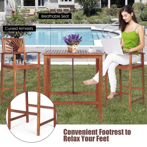 Costway 3PCS Bar Set Acacia Wood Bar Height Patio Bistro Dining Set Outdoor