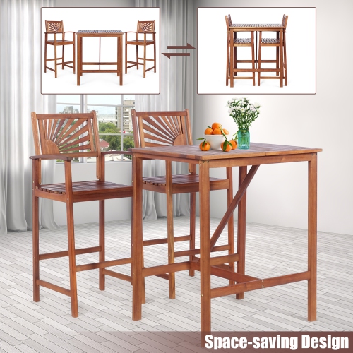 Costway 3PCS Bar Set Acacia Wood Bar Height Patio Bistro Dining Set Outdoor