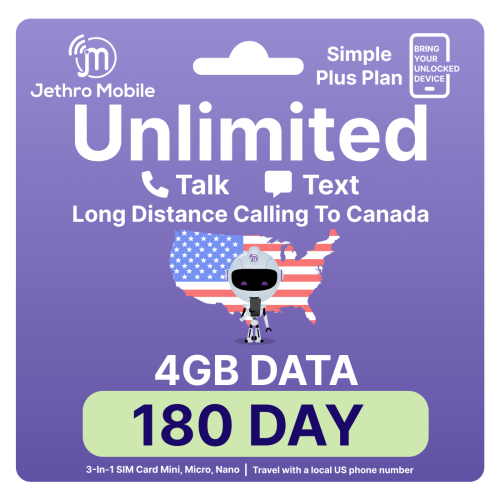 Jethro Mobile [180 jours] Carte SIM prépayée USA avec appels et SMS illimités, 4 Go de données - Kit d'activation Nano Micro Standard 3 en 1