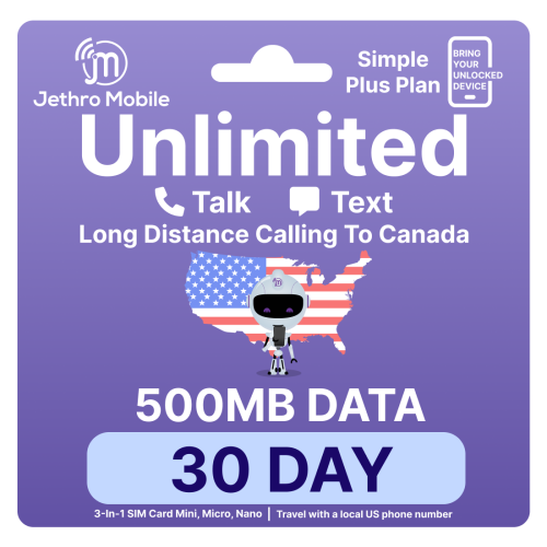 ﻿Jethro Mobile USA SIM Card 1-Month [500MB] High-Speed Data, Unlimited Talk & Text in the US and Calling to Canada Phone Plan