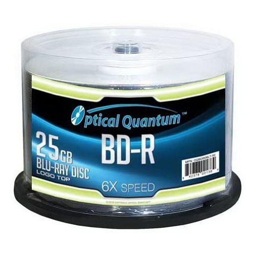 Optical Quantum OQBDR06LT-50 6 X 25GB BD-R Single Layer Blu-Ray Recordable  Blank Media Logo Top, 50-Disc Spindle