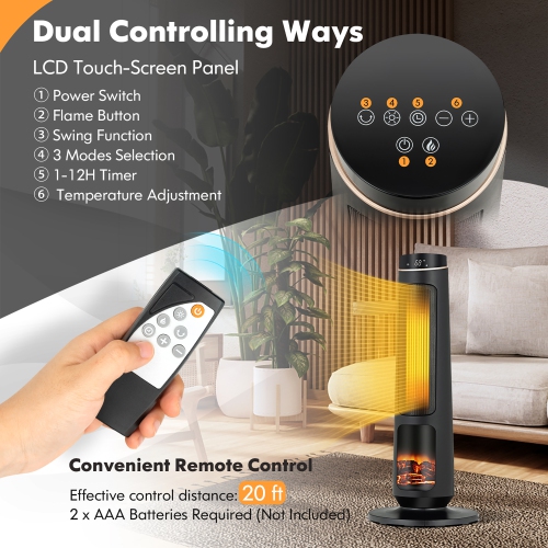 Costway 1500W Electric Space Heater PTC Fast Heating Ceramic Heater 3D Realistic Flame