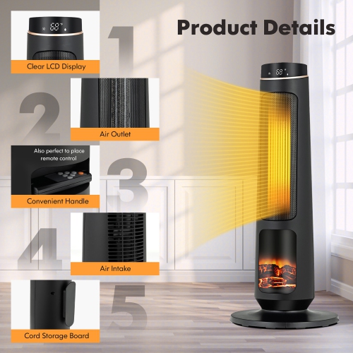 Costway 1500W Electric Space Heater PTC Fast Heating Ceramic Heater 3D Realistic Flame