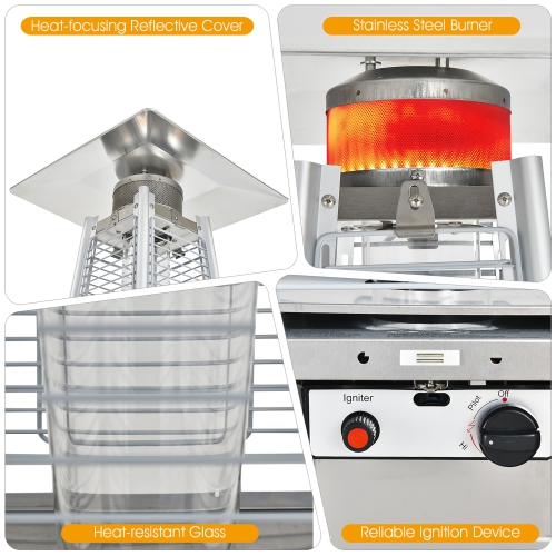 Costway Grand Chauffage de terrasse en forme de pyramide de 2,28 m de hauteur Tube en verre de quartz Chauffage à la flamme 12 298 watts sur roues