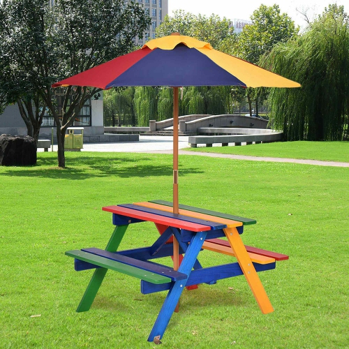 Costway 4 Seat Kids Picnic Table w/Umbrella Garden Yard Folding Children Bench