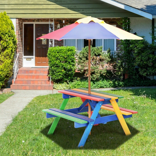 Costway 4 Seat Kids Picnic Table w/Umbrella Garden Yard Folding Children Bench