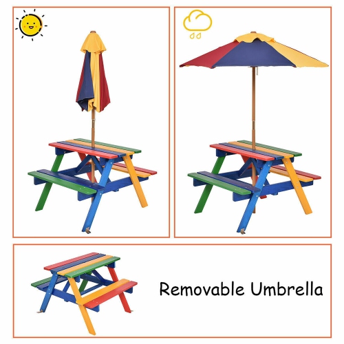 Costway 4 Seat Kids Picnic Table w/Umbrella Garden Yard Folding Children Bench
