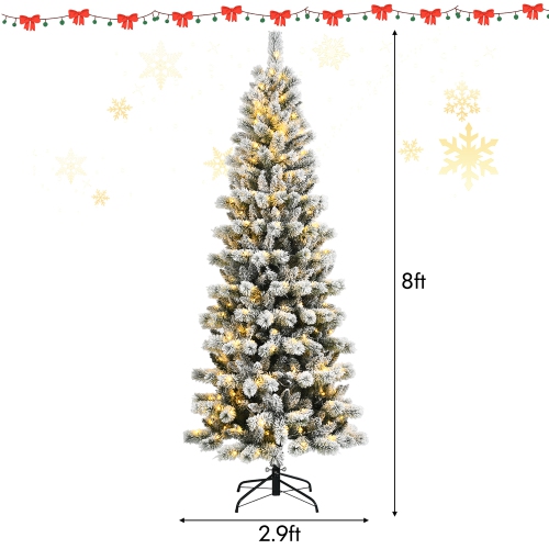 Costway 8FT Pre-Lit Hinged Christmas Tree Snow Flocked w/ 9 Modes Remote Control Lights