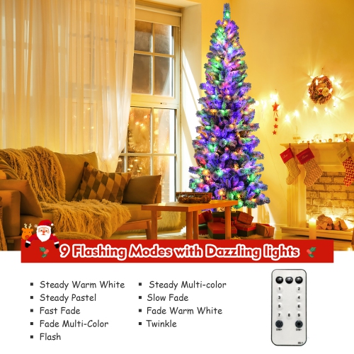 Costway 8FT Pre-Lit Hinged Christmas Tree Snow Flocked w/ 9 Modes Remote Control Lights
