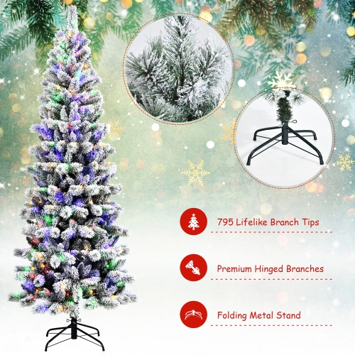 Costway 8FT Pre-Lit Hinged Christmas Tree Snow Flocked w/ 9 Modes Remote Control Lights